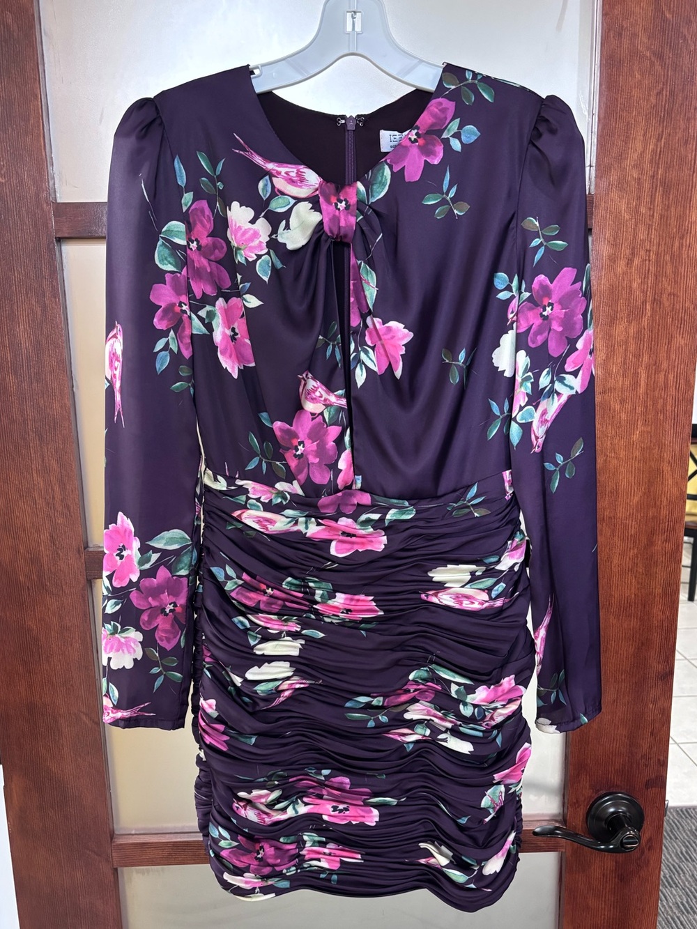 Ieena for Mac Duggal Long-Sleeve Purple Floral Ruched Mini Dress